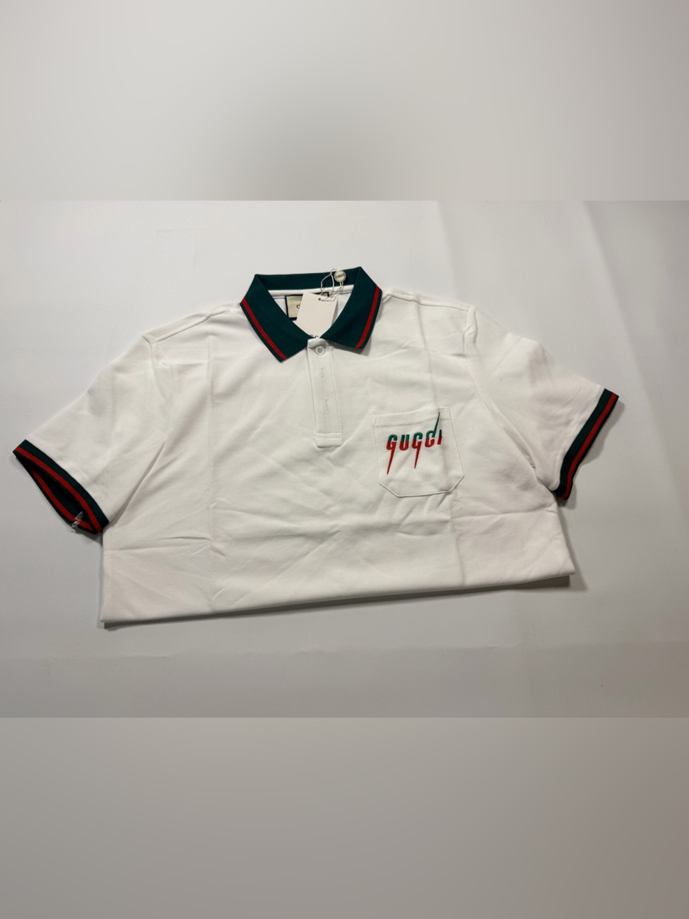 Gucci White Polo with Green & Red Trim and Pocket Logo